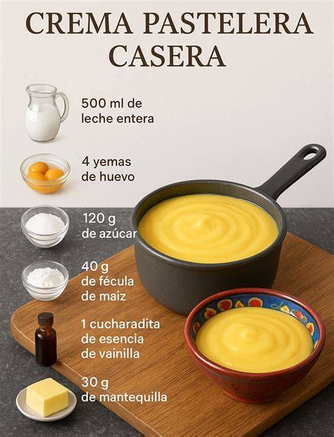 Ingredientes básicos para crema pastelera: leche, huevos, azúcar y vainilla