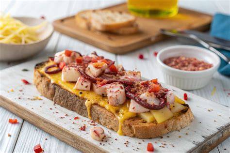 tosta de pulpo á feira con queso fundido