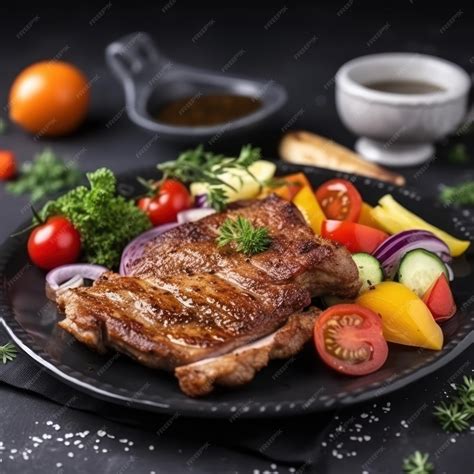 Plato de carne con tomate servido con guarnición