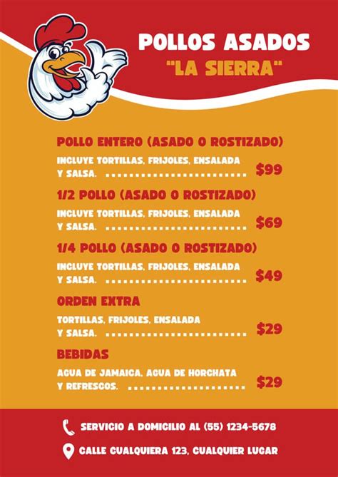 Menú de Pollos El Asador con opciones de guarniciones y salsas