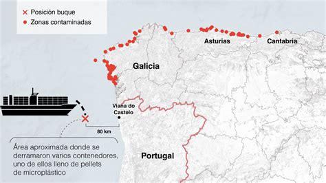 Mapa de la zona del vertido del buque Toconao y las costas afectadas en Galicia