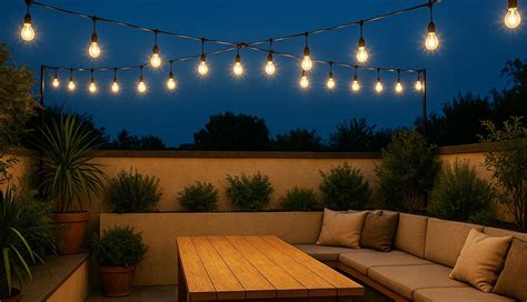 Guirnaldas de luces iluminando un área de barbacoa exterior