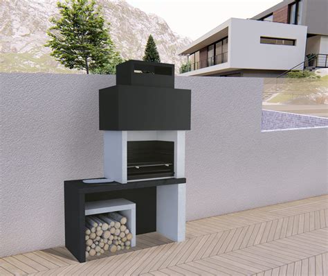 Barbacoa moderna de obra bajo una pérgola de hierro