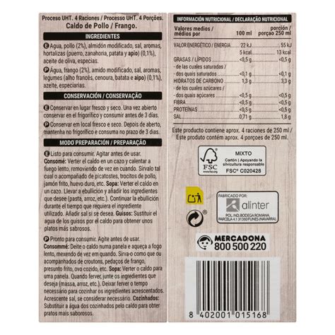 Etiqueta nutricional de caldo de pollo orgánico