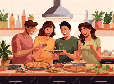 Ilustración de una familia o grupo de amigos cocinando carne a la piedra en una mesa.