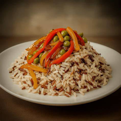 Plato de arroz salvaje con verduras
