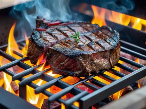 Carne de búfalo asándose en una parrilla