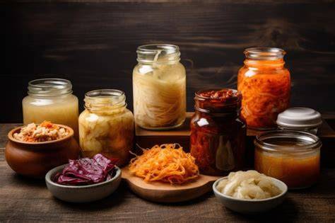 Variedad de alimentos fermentados: kimchi, chucrut, kombucha