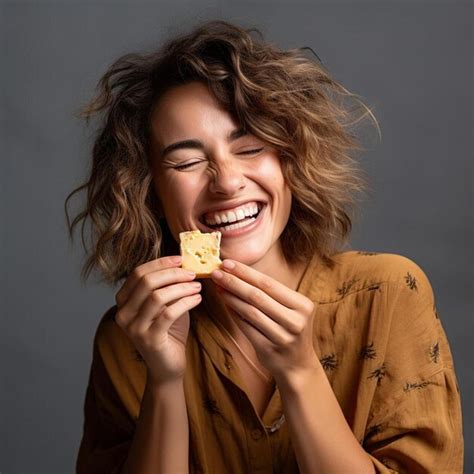 Mujer sonriendo mientras come un alfajor sin gluten en un restaurante