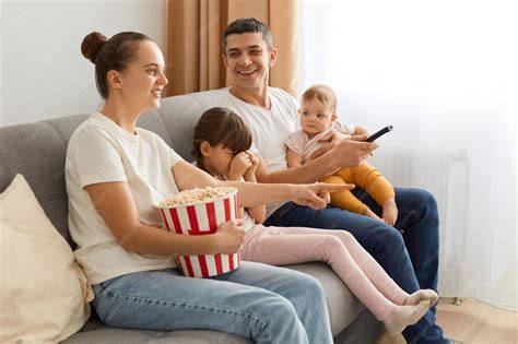 Personas viendo una tertulia política en televisión mientras comen palomitas