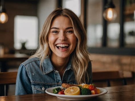 Mujer sonriendo y comiendo un plato de caldo