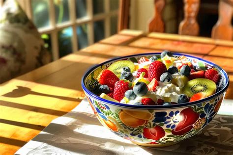 Ensalada de frutas con crema chantillí y dulce de mora