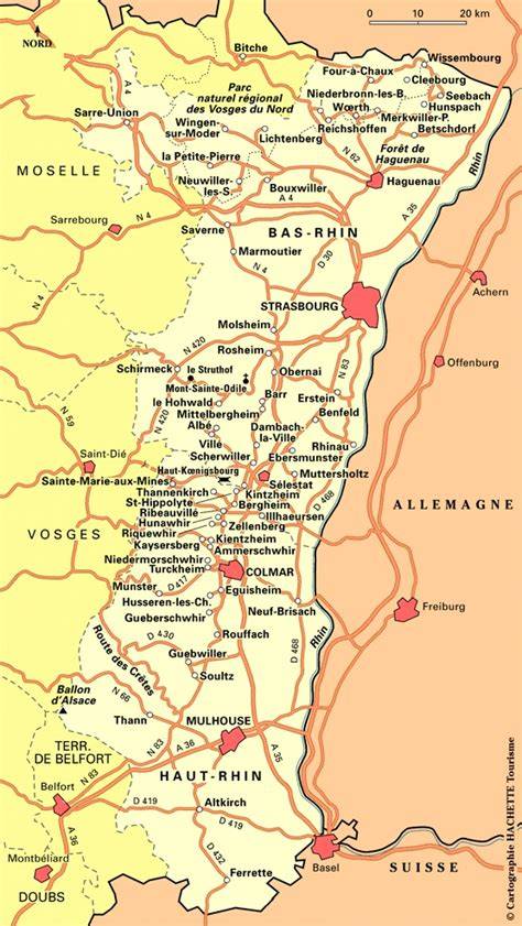 Mapa de la región de Alsacia y Lorena con el macizo de los Vosgos