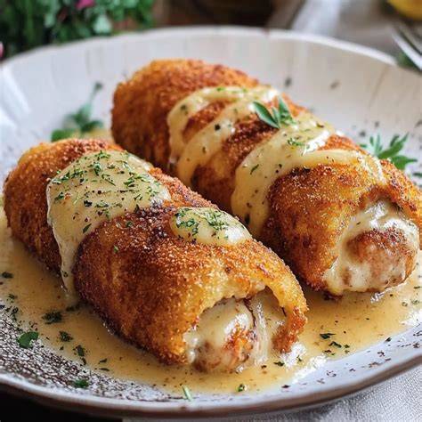 Pechugas Cordon Bleu con salsa y guarnición