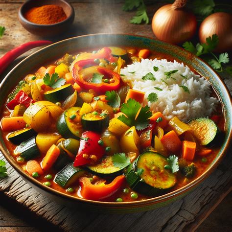 Plato de guiso de verduras con curry espolvoreado