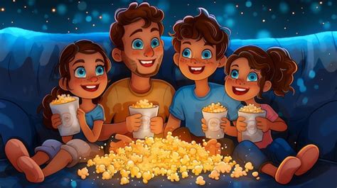 Familia viendo una película con palomitas de maíz