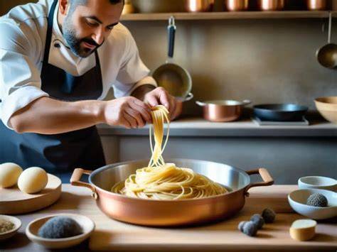 Chef preparando pasta alla rueda frente a los comensales