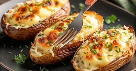 Patatas rellenas de pollo gratinadas en una bandeja de horno