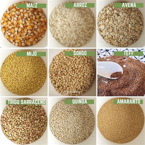 Granos de cereales sin gluten como el maíz y el arroz
