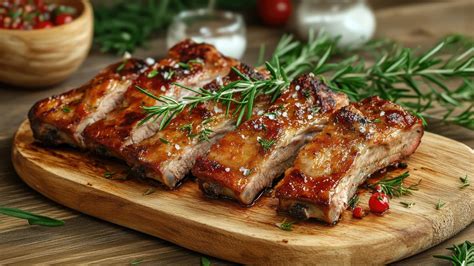 Costillas de cerdo confitándose en aceite con hierbas aromáticas