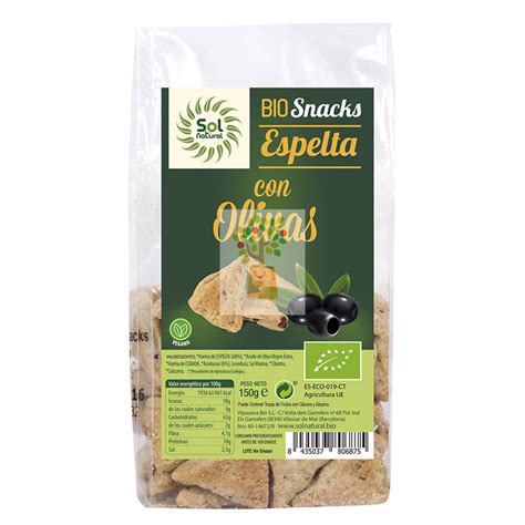 Envase de snacks de espelta con información de alérgenos