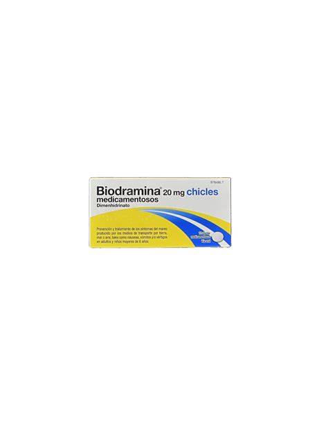 Envase de Biodramina Chicles y su información sobre el dimenhidrinato