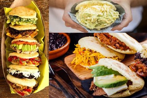 Variedad de arepas venezolanas con diferentes rellenos y colores