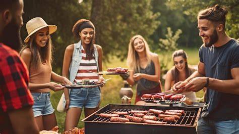 Familia y amigos disfrutando de una barbacoa al aire libre