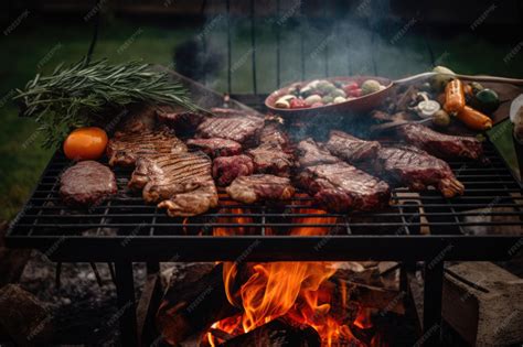 Parrilla con carnes asándose y humo aromático
