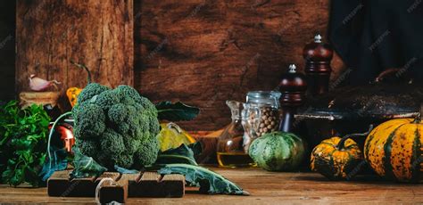 Ingredientes frescos sobre una mesa de madera incluyendo brócoli, lima y especias