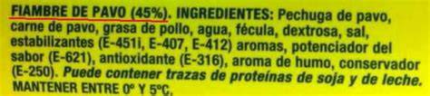Ejemplo de etiqueta nutricional de fiambre de pavo, destacando ingredientes