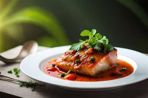 Plato de pescado con salsa de chocolate