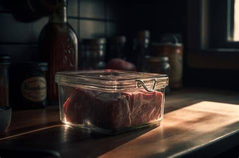 Corte de carne sumergido en un recipiente de vidrio con especias