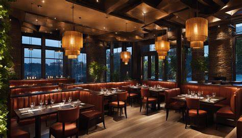 Interior cálido y acogedor de un restaurante con mesas bien iluminadas