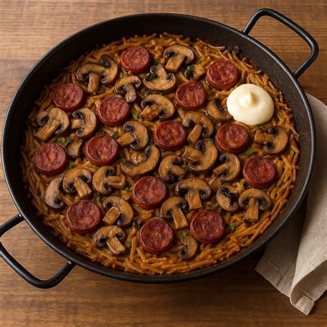 Plato de fideuá de montaña con chorizo y setas