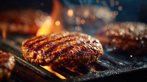 Primer plano de una hamburguesa sellándose en una plancha industrial