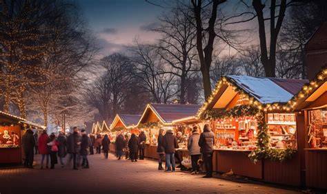 Mercadillo navideño alemán con puestos de madera y luces
