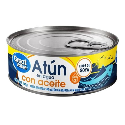 Latas de atún en agua y aceite con diseño en azul y amarillo