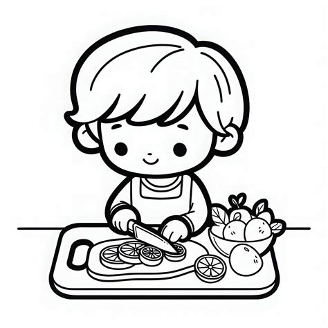 Niño cortando verduras con un cuchillo ondulado y tabla de madera