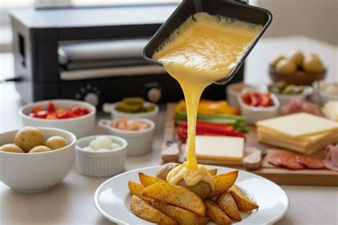 Persona vertiendo queso raclette fundido sobre patatas y embutidos