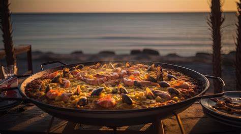 Mesa con paella frente al mar en una terraza familiar