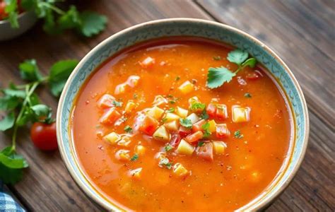 Presentación final de un bol de gazpacho adornado con verduras frescas picadas