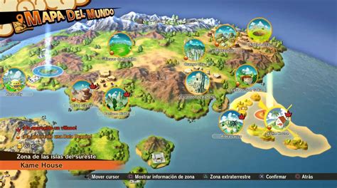 Mapa de Dragon Ball Z: Kakarot mostrando las zonas del Gran Desierto del Oeste y Llanuras Centrales