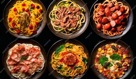 Variedad de platos de espaguetis