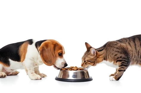 Perro y gato comiendo felices croquetas