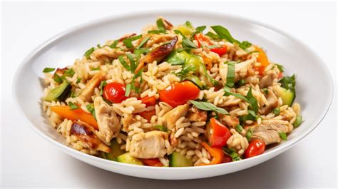 Plato de arroz integral salteado con verduras y pollo