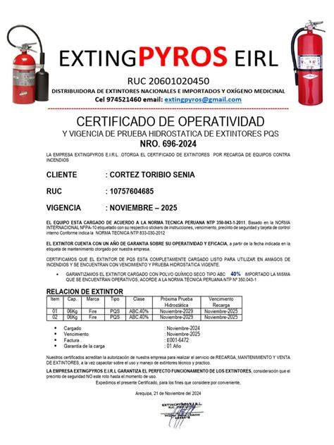 Certificado de revisión de extintores