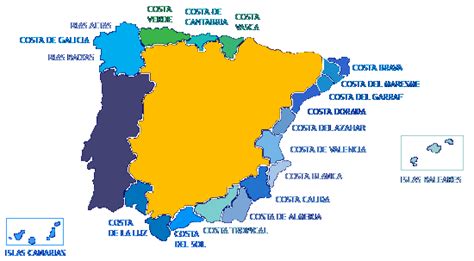 Mapa de las costas mediterráneas y atlánticas de España