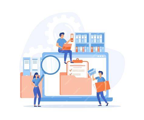 Ilustración de personas buscando información en archivos