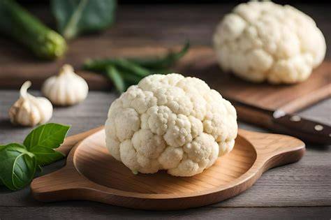Coliflor fresca sobre una tabla de cortar